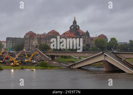 Am Abend des zweiten Tages nach dem teilweisen Einsturz der Carolabrücke in Dresden sind die Abrißarbeiten in vollem Gange. Zuvor ist ein Teil der Brücke auf einer Länge von rund 100 Metern eingestürzt. Zahlreiche Schaulustige und Katastrophen-Touristen kommen an die Elbe um einen Blick auf die eingestürzten Brückenteile zu werfen und Handyfotos zu machen. Die Carolabrücke ist eine der vier Elbbrücken in der Dresdner Innenstadt. Sie werden im Süden in der Altstadt durch den Rathenauplatz und im Norden in der Inneren Neustadt durch den Carolaplatz begrenzt. Von 1971 bis 1991 trug die Brücke nach Stockfoto