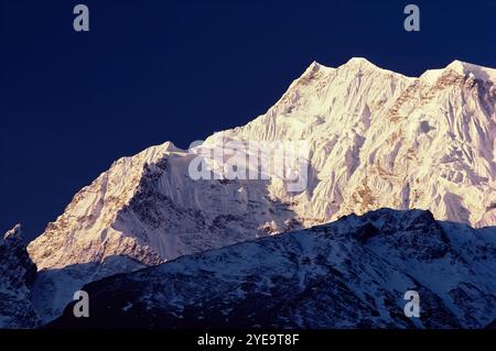 Das Sonnenaufgangslicht beleuchtet Gangapurna, einen schneebedeckten Berg in der Annapurna-Bergkette im Himalaya Nepals Stockfoto