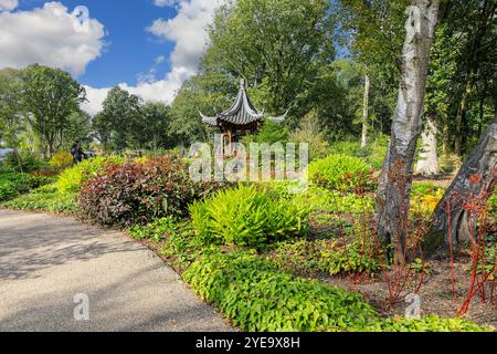 Qing Yin Pavillon (chinesischer Musikpavillon) im Chinese Streamside Garden, RHS Bridgewater Garden, Greater Manchester, England, Großbritannien Stockfoto