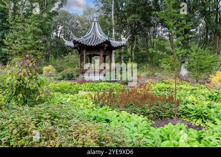 Qing Yin Pavillon (chinesischer Musikpavillon) im Chinese Streamside Garden, RHS Bridgewater Garden, Greater Manchester, England, Großbritannien Stockfoto