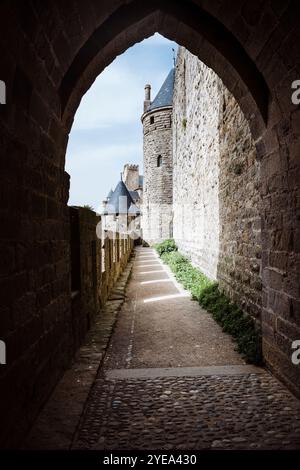 Türme, Tore, Mauern und Zinnen der mittelalterlichen Festung von Carcassonne, Okzitanien, Frankreich Stockfoto