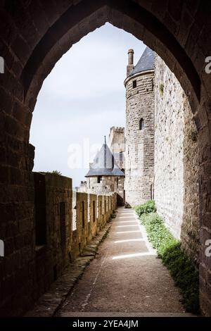 Türme, Tore, Mauern und Zinnen der mittelalterlichen Festung von Carcassonne, Okzitanien, Frankreich Stockfoto