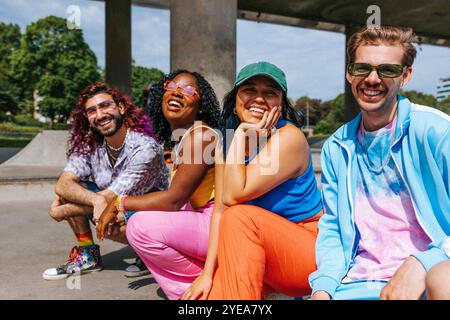 Porträt einer glücklichen, männlichen und weiblichen Gruppe von Freunden, die an sonnigen Tagen in der Nähe der Überführung posieren Stockfoto