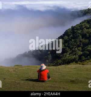 Frau sitzt auf dem Gras im Sonnenlicht und beobachtet die Wolken und den Nebel über dem Wald und dem Berg während einer Wanderung in Vereda do Fanal, in der UNESCO... Stockfoto