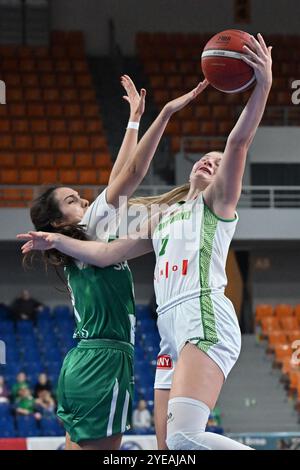 Brünn, Tschechische Republik. 30. Oktober 2024. Von links Mariana Carvalho aus Sportiva, Petra Malikova aus Brünn in Aktion während des Basketball EuroCup Frauen Gruppe J 4. Runde Spiel: KP Tany Brno vs Sportiva (Portugal) in Brünn, Tschechische Republik, 30. Oktober 2024. Quelle: Vaclav Salek/CTK Photo/Alamy Live News Stockfoto