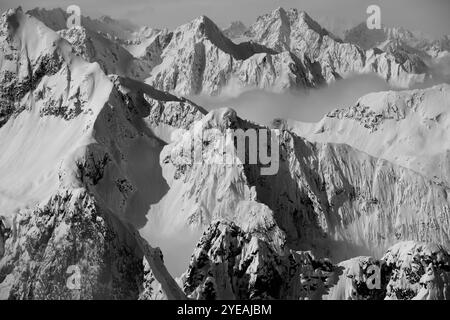 Schwarzweißbild der schneebedeckten Berggipfel der Chilkat Range Mountains; Haines, Alaska, USA Stockfoto