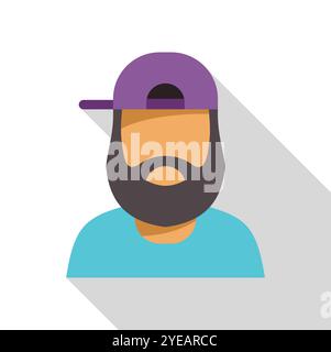 Stilvoller bärtiger Mann mit violetter Baseballmütze und blauem T-Shirt, schlichtes flaches Design mit langem Schatten Stock Vektor