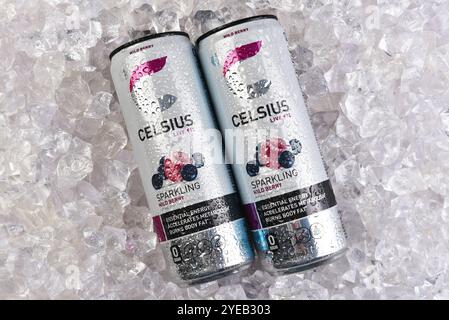 IRVINE, KALIFORNIEN - 30. Oktober 2024: Zwei Dosen Celsius Live Fit Wild Berry Sparkling Energy Drink auf einem Eisbett. Stockfoto