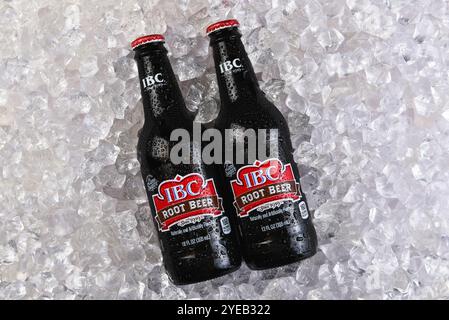 IRVINE, KALIFORNIEN - 30. Oktober 2024: Zwei Flaschen IBC Root Beer auf einem Eisbett. Stockfoto