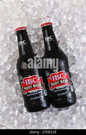 IRVINE, KALIFORNIEN - 30. Oktober 2024: Zwei Flaschen IBC Root Beer auf einem Eisbett. Stockfoto