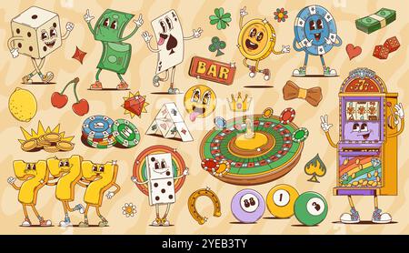 Cartoon-grooviges Casino und Spielfiguren von Glücksspielspielen und -Wetten. Retro psychedelische Pokerkarte, Würfel, Chips und Roulette-Vektorfiguren. Vintage-Spielautomat, Goldmünzen, Geld Stock Vektor