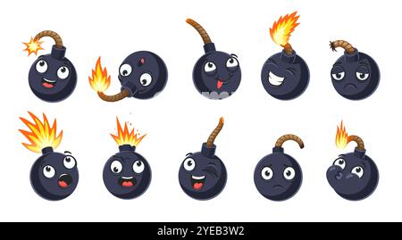 Zeichentrickfiguren mit Fäden oder Sicherungen. Explosive, explosionsartige Waffenkräfte. Vektorset lustiger Emoticons drückt Emotionen der Aufregung, Überraschung, des Lachens, der Traurigkeit des Glücks, des Schocks und der Verwirrung aus Stock Vektor