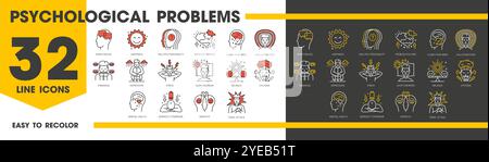 Psychologische Störungen Probleme und psychische Gesundheit Liniensymbole für psychologische Therapie, Umrissvektor. Psychiatrie, psychische Gesundheit und Gehirnstörung Ikonen von Depression, Stress, Angst und Panikattacke Stock Vektor