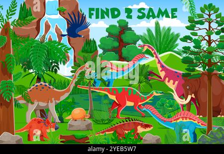 Finde zwei dieselben prähistorischen Dinosaurier, Spieltabelle für Kinder. Vektorrätsel mit Cartoon-Dino-Arten in grüner Umgebung. Puzzle, Quizspiel, unterhaltsame und lehrreiche Aktivitäten für Kinder Stock Vektor