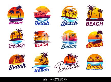 Tropischer Sommersonnenaufgang, Palmen und Insel Strand Ikonen, Vektorreisen, Sommerurlaub und Urlaub. Tropischer Inselresort-Strand mit Palmen, Meereswellen und Sonne, Stühlen und Sonnenschirmen Stock Vektor