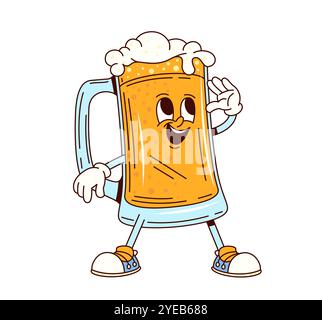 Grooviger Bierkartentank mit Schaumschaum auf der Oberseite, Sneakers und Lächeln, die eine freundliche Welle geben. Cartoon Vektor verspielte Glasbecher Persönlichkeit strahlt Glück, Feiern Spaß und Festlichkeit aus Stock Vektor