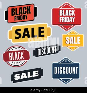 Kollektion von Black Friday-, Sale- und Rabattlabels in kräftigen Farben und verschiedenen Formen, perfekt für Werbeaktionen und saisonale Werbung. Stock Vektor