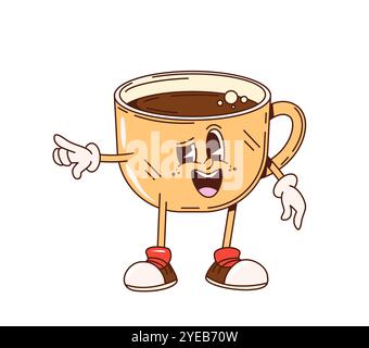 Kaffeetasse im Retro-Stil, groovige Küchenutensilien und Küchenutensilien. Isolierte Karikaturvektor verspielte Tasse, Vintage funky Comic Stil Frühstück Person trägt Schuhe, mit lächelndem Gesicht und zeigender Hand Geste Stock Vektor