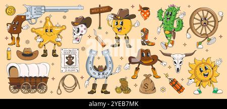 Cartoon Retro 70er 80er Jahre groovige Wild West Western Charaktere. Hippie-Persönlichkeiten aus Vektor-Cowboyhut, Sheriff-Stern und Schädel, lustige Pistole, Hufeisen, Sonne und Wüstenkaktus, Holzrad und gesuchtes Poster Stock Vektor