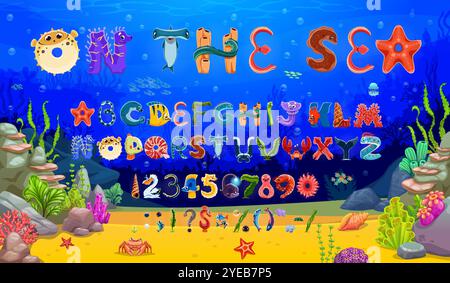 Meerestier-Alphabet, Ozean Unterwasser Schriftart auf Zeichentrick Meereslandschaft Vektor Hintergrund. Lustige englische abc-Buchstaben und -Zahlen, süße Fische, Haie, Kraken, Quallen und Garnelen Stock Vektor