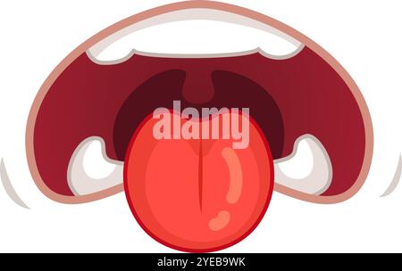 Verspielter Mund mit ausgezogener Zunge, Lippen im farbenfrohen Zeichentrickstil. Perfekt für lustige und fröhliche Designs. Glücklich, blöd und lebendig Stock Vektor