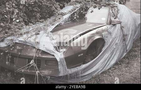 Alte, verlassene klassische Sportwagen, die repariert werden müssen, um Hintergrundinformationen in der Automobilindustrie zu präsentieren. Das Fahrzeug ist mit einer zerrissenen Plane bedeckt Stockfoto