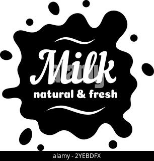 Schwarz-weißes Logo mit stilisiertem Milchspritzer und Text, das die natürlichen und frischen Qualitäten von Milchprodukten unterstreicht Stock Vektor