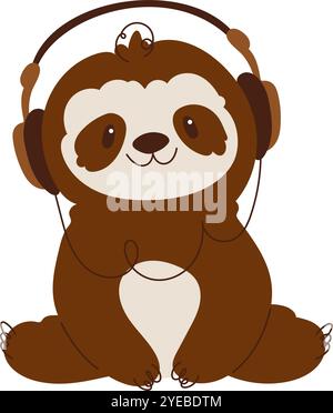 Entzückende Zeichentrickillustration eines lächelnden Faultlings, der Kopfhörer trägt und Musik in entspannter Sitzposition auf weißem Hintergrund genießt. Stock Vektor