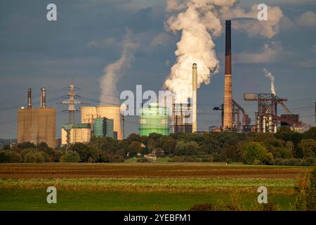 Hüttenwerke Krupp-Mannesmann, HKM Duisburg-Hüttenheim, 2 Hochöfen, Kokerei, Abschreckwolke, Rheinauen in Duisburg-Mündelheim, NRW, Keim Stockfoto