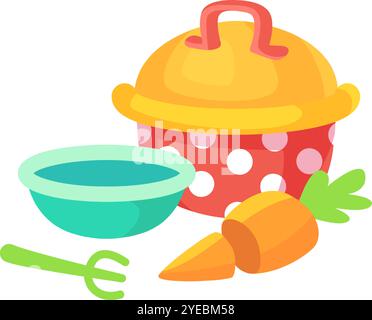 Lebendige Illustration mit einem Topf, einer Schüssel mit Babynahrung, einer Karotte und einem Babylöffel, die die Zubereitung nahrhafter Mahlzeiten für betont Stock Vektor