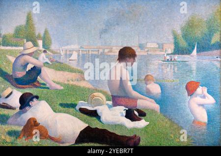 Badende in Asnières [Baigneurs à Asnières] des französischen Künstlers Georges Seurat (1859–1891), gemalt 1884, zeigt eine ruhige Flussszene von Männern und Jungen, die sich an der seine in der Nähe des Pariser Vorortes Asnières mit einem Kraftwerk in der Ferne entspannen. Stockfoto