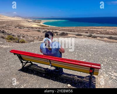 Eine Frau auf dem Rücken, die auf einer bunten Bank sitzt und auf das Meer blickt Stockfoto