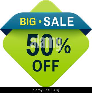 Auffälliges grünes Diamantbanner mit blauem Band, das einen großen Verkauf mit einem großzügigen Rabatt von 50 Prozent verkündet, perfekt, um Aufmerksamkeit zu erregen Stock Vektor