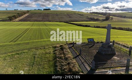 Luftaufnahmen von Flodden Battlefield und dem Monument Cross zum Gedenken an die Gefallenen der Flodden Battle im Jahr 1513. Stockfoto