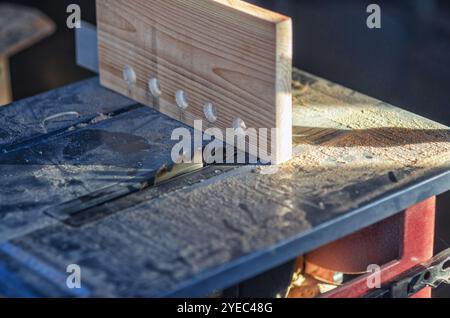 Holzbrett mit Löchern, die an der Holzbearbeitungsmaschine geschnitten wurden. Holzstaub. Zimmerei arbeitet. Scharfes Sägeblatt Stockfoto