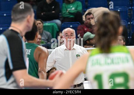 Brünn, Tschechische Republik. 30. Oktober 2024. Trainer von Sportiva Ricardo Botelho (Mitte) in Aktion während des Basketball EuroCup Frauen Gruppe J 4. Runde Spiel: KP Tany Brno vs Sportiva (Portugal) in Brünn, Tschechische Republik, 30. Oktober 2024. Quelle: Vaclav Salek/CTK Photo/Alamy Live News Stockfoto