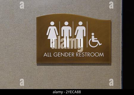 All-Gender-Toilettenzeichen mit männlichen, weiblichen, kombinierten männlichen und weiblichen Symbolen und Rollstuhlzeichen sowie brailleschrift Stockfoto