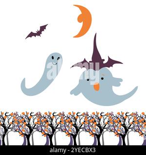 Halloween Vektor Design Element. Süße Geister, Mond, fliegende Fledermäuse und Bäume. Stock Vektor