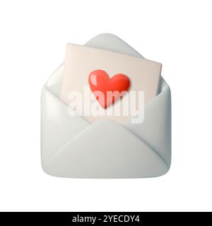 3D-Vektor-Illustration eines offenen Kuverts mit Karte mit rotem Herzen. Einfaches, romantisches Symbol, perfekt für Liebe, Valentinstag, Nachrichten oder Stock Vektor
