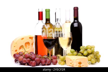 Die Weinzusammensetzung befindet sich auf weißem Hintergrund. Stockfoto