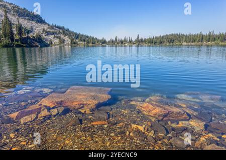 Kristallklarer Gletschersee in den Rocky Mountains, der eine lebhafte Auswahl an bunten Steinen unter seinem transparenten blauen Wasser offenbart. Stockfoto