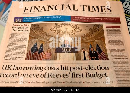 „Die Kreditkosten des Vereinigten Königreichs erreichten den Rekord nach den Wahlen am Vorabend des ersten Budgets von Reeves“, schlagzeilenartikel der FT Financial Times 30. Oktober 2024 London Großbritannien Stockfoto