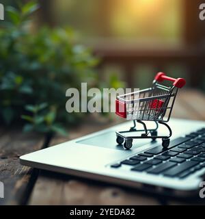 Hopping-Online-Konzept – Paket- oder Papierkartons mit einem Einkaufswagen-Logo in einem Trolley auf einer Laptop-Tastatur. Einkaufsservice im Online-Internet. Ab Stockfoto