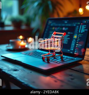 Hopping-Online-Konzept – Paket- oder Papierkartons mit einem Einkaufswagen-Logo in einem Trolley auf einer Laptop-Tastatur. Einkaufsservice im Online-Internet. Ab Stockfoto