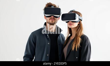 Metaverse People, Banner von Paar, Mann und Frau in Virtual-Reality-Headsets, die die VR-Welt erkunden Stockfoto