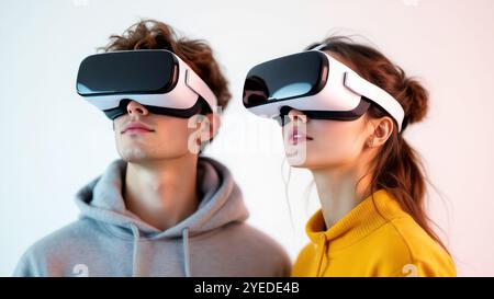 Metaverse People, Banner von Paar, Mann und Frau in Virtual-Reality-Headsets, die die VR-Welt erkunden Stockfoto