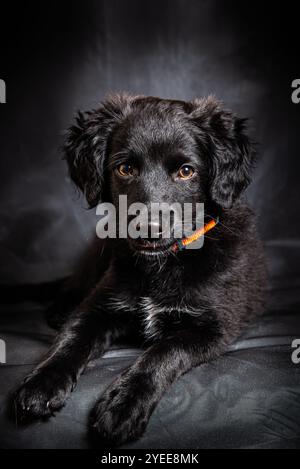 Niedliche schwarze Rasse gemischt vier Monate alten Welpen mit orangefarbenem Kragen Stockfoto