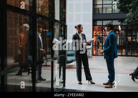 Seitenansicht eines jungen Geschäftsmannes, der Ideen mit einer Kollegin teilt, während er in der Lobby steht Stockfoto