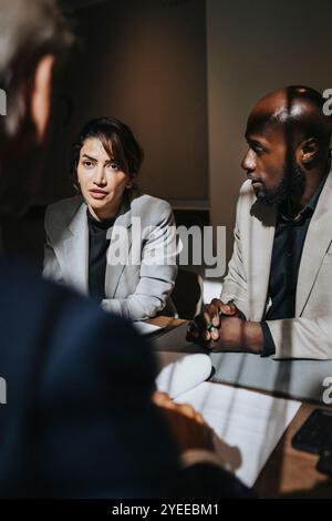 Geschäftsfrau diskutiert Pläne mit männlichen Kollegen im Amt Stockfoto