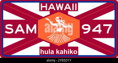 Ein Kennzeichenmarker für das Auto mit der Hula Kahiko-Tanzfigur, die den Geist der Tradition, kulturellen Stolz und die Verbindung zur Natur symbolisiert. Die Stock Vektor